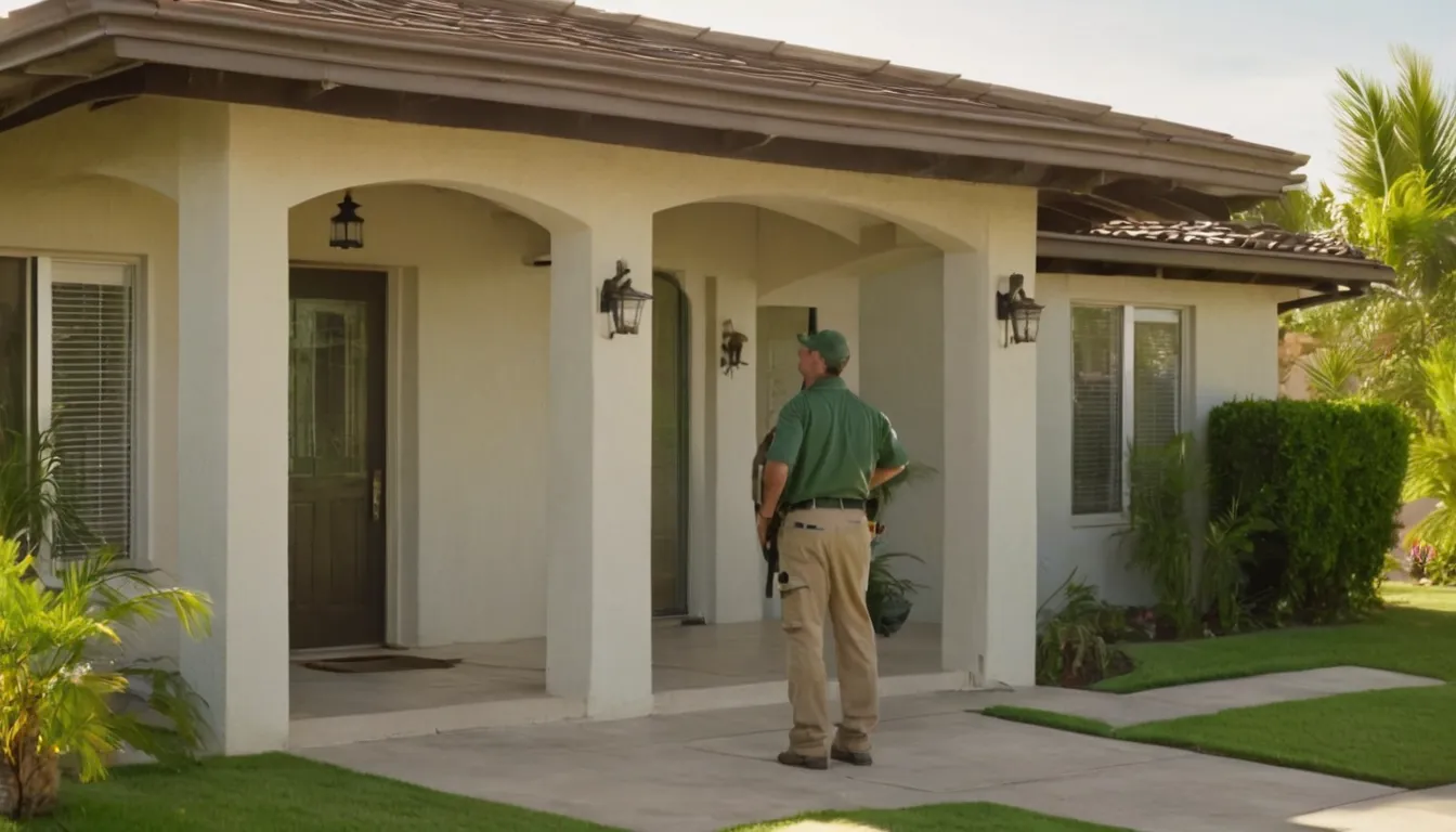 A friendly pest control provider talking with a homeowner at the front door of a Plant City home