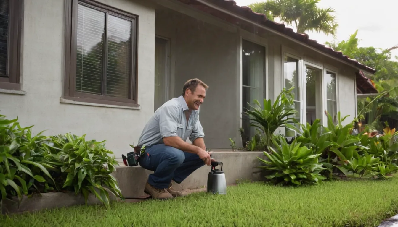 Friendly pest control provider talking with a homeowner at the front door of a block home in Plant City